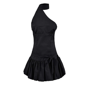Sleeveless black halter mini dress with pleated skirt and waist tie on white background