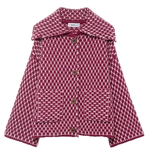 Detail of burgundy checkered knit cardigan with large lapels and wooden buttons