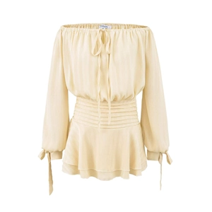 Off-shoulder cream chiffon top with puff sleeves and elastic waist with layered ruffles