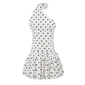 Sleeveless white polka dot mini dress with one-shoulder halter neck and side bow detail