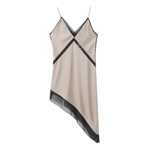 Women Sexy V Neck Lace Patchwork Asymmetric Satin Slip Dress Champagne Spaghetti Strap Midi Party Dress For Summer
