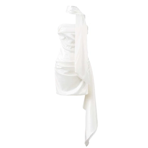 Robe Courte Satin Sans Bretelles Plissée Bodycon Corset Lacé Fête Cocktail Soirée Avec Écharpe Assortie