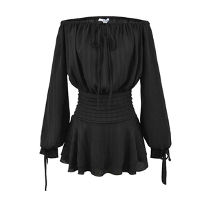 Elegant black off-the-shoulder mini dress with lantern sleeves and a ruffled tiered hemline