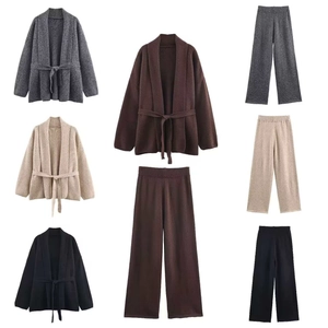 Conjunto de Mujer Cárdigan de Punto de Color Sólido y Pantalones de Pata Ancha Conjunto Casual Estilo Relajado Poliéster Invierno Cálido
