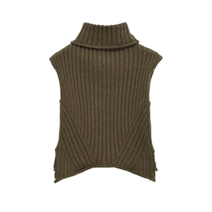 Donna Retrò Verde Oliva Collo Alto Maglia a Costine Gilet Maglione Senza Maniche Pullover Corto Top per Autunno Inverno
