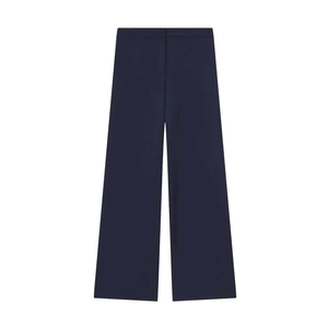 Detail of high-waisted navy blue straight trousers with sleek concealed closure