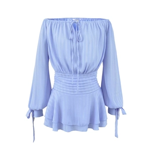Light blue off-shoulder dress with puff sleeves, smocked waist and ruffled hem details