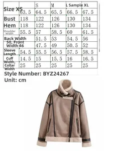 Size chart and measurement details for khaki faux suede shearling jacket BYZ24267