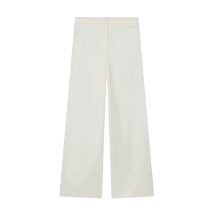 Detail of ivory high-waisted wide-leg trousers with elegant drape and clean cut