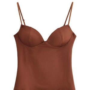 Minimalist rust brown satin camisole with structured cups and adjustable straps