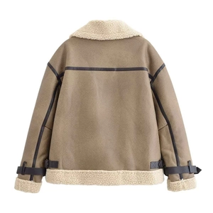 Back view of a khaki faux suede aviator jacket with plush white shearling trim and buckles