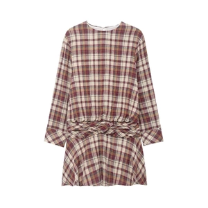 Vestito Mini A Quadri Da Donna Manica Lunga Girocollo Nodo In Vita Retrò Elegante Bodycon Misto Poliestere