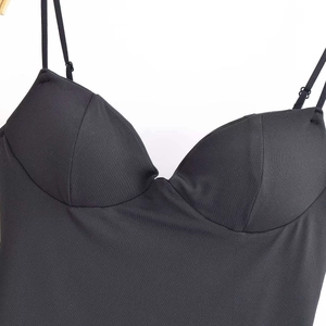 Elegant black satin camisole top with built-in chest pads and slim spaghetti straps
