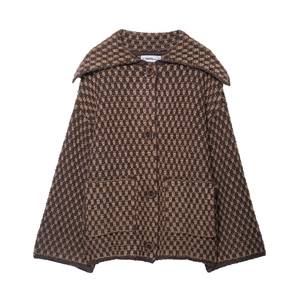 Women's vintage plaid knit cardigan with lapel collar and front pockets in brown