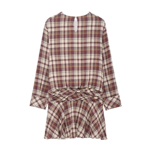 Mini abito a quadri da donna con nodo in vita ed elegante orlo a balze per l'estate