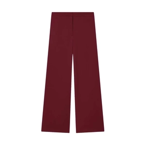 Deep burgundy high-waisted wide-leg trousers with smooth texture and straight tailoring
