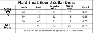 Detailed size chart for the vintage plaid lace collar dress showing XS to L measurements
