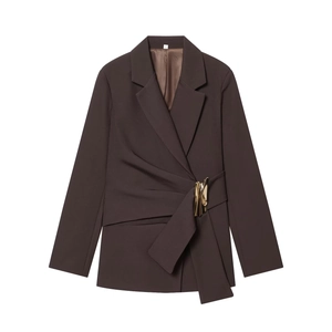 Deep brown women's blazer featuring asymmetric waist wrap and gold designer buckle