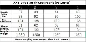 Size chart for slim fit long wool coat showing shoulder, chest, and length in CM