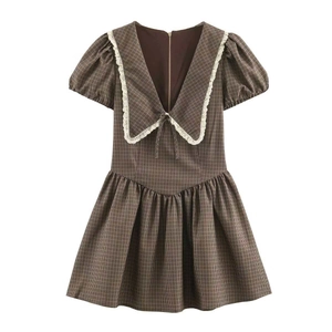 Women Vintage Plaid Lace Large Lapel Dress Summer Puff Sleeve Bow Retro Coffee Plaid Slim Fit Commuter Midi Dress