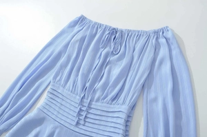 Detail view of light blue off-shoulder dress with smocked waist and lantern sleeves