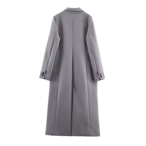 Elegant long grey wool coat for women featuring back slit and buttoned cuffs details