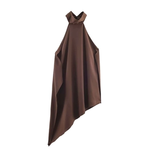 Women Asymmetric Halter Neck Sleeveless Top Brown Satin Texture Irregular Hem Sexy Backless Streetwear Fashion T-Shirt