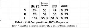 Size chart for women's high neck knit sweater showing S, M, L measurements in centimeters