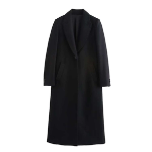 Elegant black long wool coat for women with classic lapel collar and single-breasted design