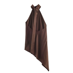 Elegant deep brown satin halter top with asymmetrical drape and silky finish