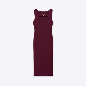 Women's Knit Bodycon Sleeveless Dress With Gold Buckle Detail Wine Red Cutout Midi Ribbed Tank Dress Elegant Summer Party Dress