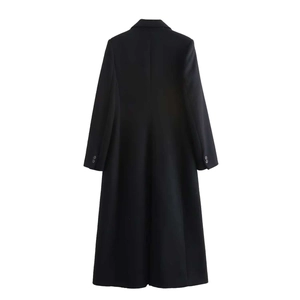 Back view of a minimalist black long wool coat with a slim fit and tailored waistline
