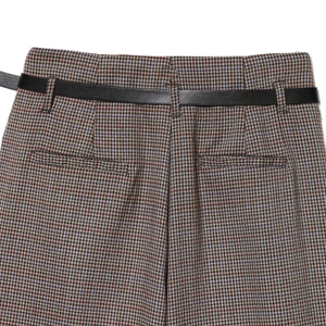 Retro brown houndstooth high waist wide leg pants with a slim black leather belt
