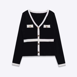 Women's Elegant Knitted Cardigan Sweater Contrast Color V-Neck Long Sleeve Loose Fit Buttons Outerwear Casual Office Wear