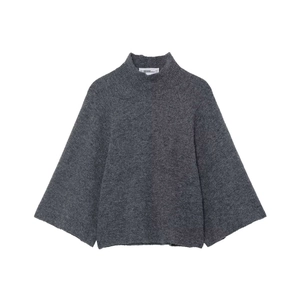 Minimalist dark gray high neck knit sweater with wide flare sleeves and soft brushed texture