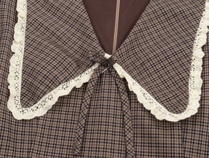 Detail of vintage plaid dress showing oversized Peter Pan collar with white lace trim