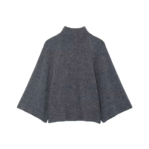 Detailed flat lay of dark grey mock neck knit sweater with wide flare sleeves