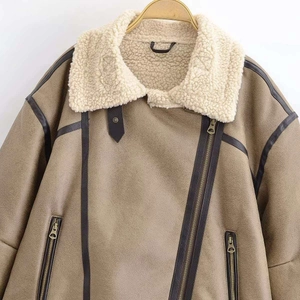Vintage khaki suede biker jacket with warm faux shearling lining and metal zipper details