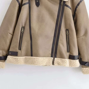 Women's brown suede biker jacket with faux shearling lining and metal zipper detail