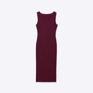 Elegant sleeveless wine red knit midi dress with vertical ribbed texture and slim fit