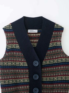 Macro detail of Fair Isle geometric knit vest with V-neckline and button closure