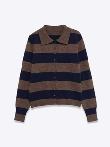 Detail of single-breasted striped knit cardigan with polo collar and button closure