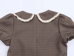 Detail of vintage brown plaid dress with lace Peter Pan collar and back zipper