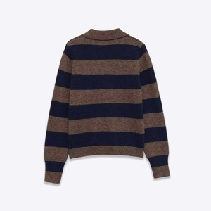 Classic navy and brown striped knitted long sleeve polo sweater shown from the back