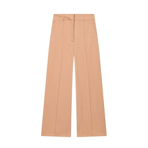 Modern khaki wool blend high waisted wide leg trousers with professional front crease detail