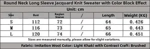 Size chart showing S, M, L dimensions for the jacquard long sleeve knit sweater