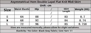 Size chart table for women asymmetric hem knit midi skirt with S M L measurements