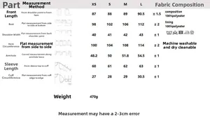 Size chart for women's lace blazer dress with measurements for XS to L sizes