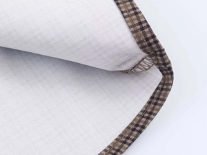 Close-up of retro plaid trim and delicate stitching on the vintage lace collar dress