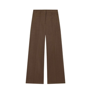 Modern khaki green wool blend wide leg trousers with vertical seam details in high waist